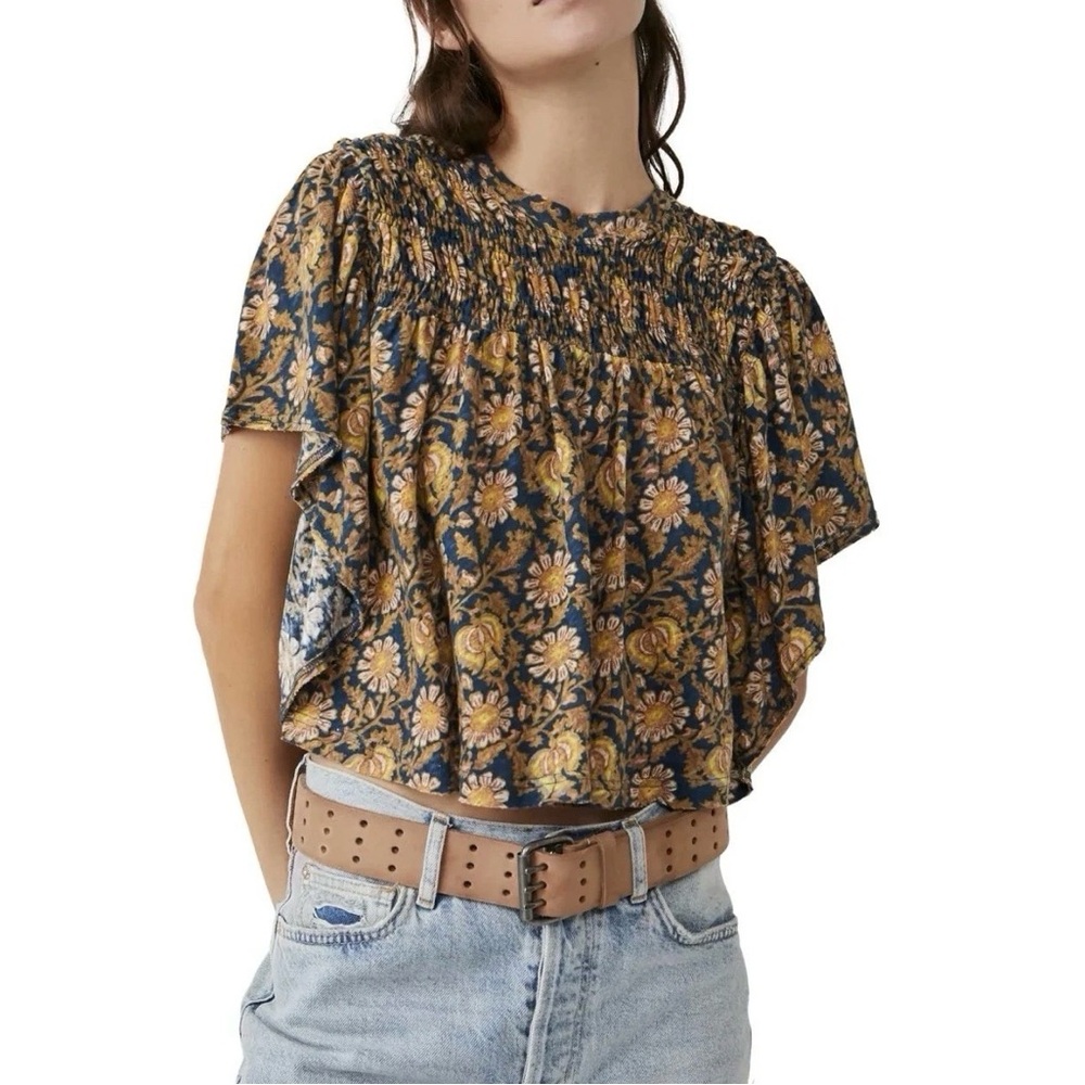 Free People Top Linen Cotton‎ Floral Smocked Flowy Boxy XS Bohemian Peasant
